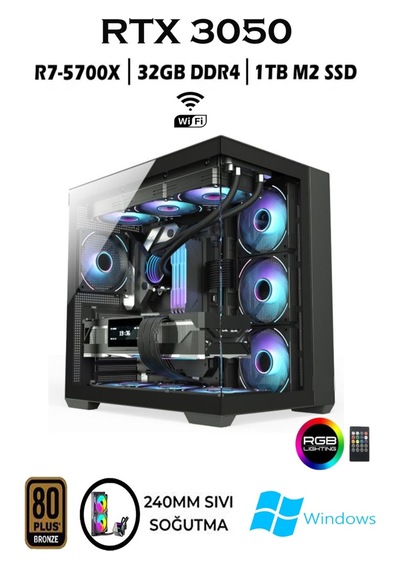 Apphirex Rebirth-X75 R7-5700X 32 GB 1 TB M.2 SSD 6 GB RTX3050 W11P Masaüstü Oyuncu Bilgisayarı