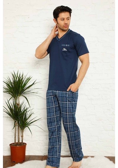 Farya Home Dreamy Ekoseli Kısa Kollu V Yaka Cepli Erkek Pijama Takımı İndıgo İndigo