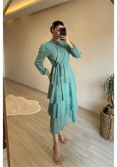 Neşeli Butik Kadın Kat Kat Volanlı Kuşaklı Midi Şifon Elbise Nm004 Mint