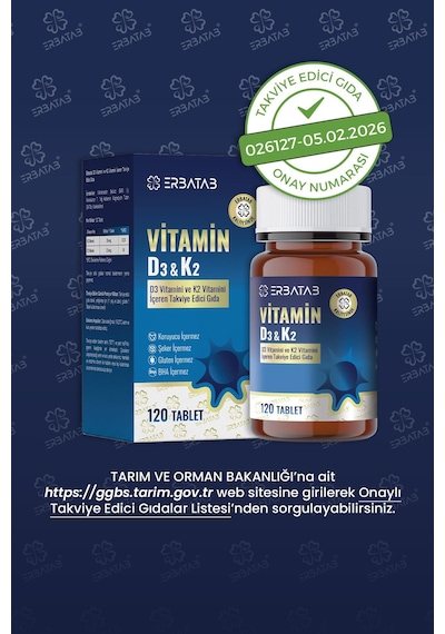 Erbatab D3 Vitamini Ve K2 Vitamini İçeren Takviye Edici Gıda