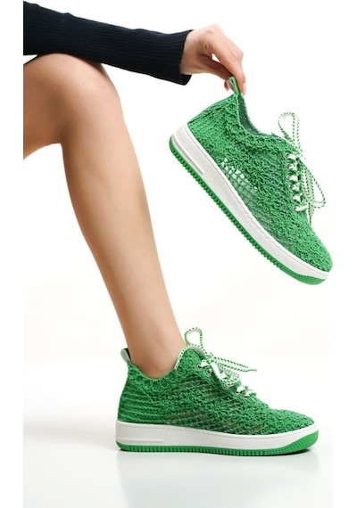 Stsahra Kadın Yeşil Örgü Sneaker Spor Ayakkabı Siyah