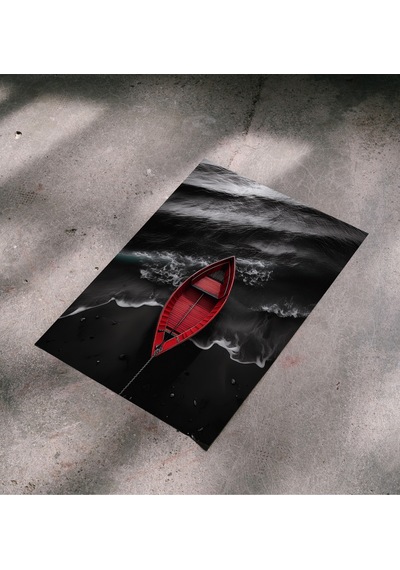 Çerçevesiz Poster, Dijital Baskı, Denizde Kırmızı Kayık , Ofis Salon Dekorasyon , Poster