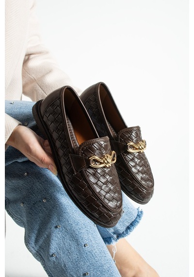 Lebibe Shoes Maby Kadın Acı Kahve Örgü Dokulu Zincir Detaylı Loafer Düz Ayakkabı Babet Acı Kahverengi