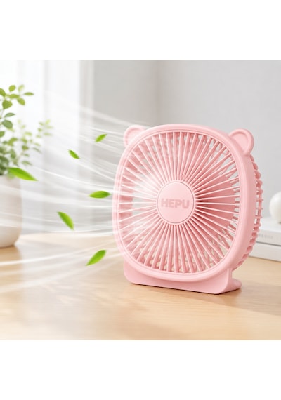 HEPU HP-F03 USB Şarjlı Sessiz Masaüstü Mini Fan – 180° Ayarlanabilir Ayıcık Figürlü Tasarım 3 Kademeli