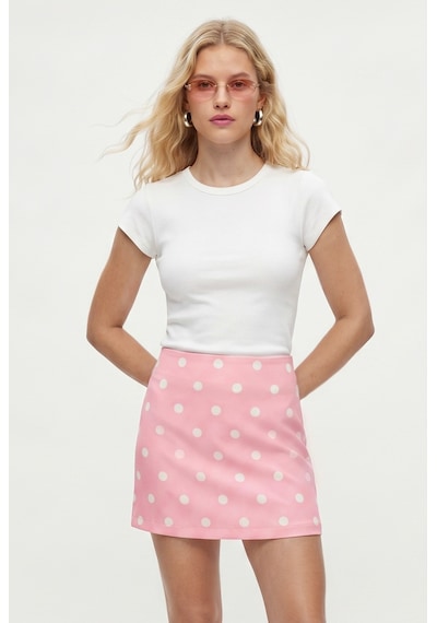Ritnice Kadın Polka Şortlu Astarlı Pembe Puantiye Dokuma Mini Etek
