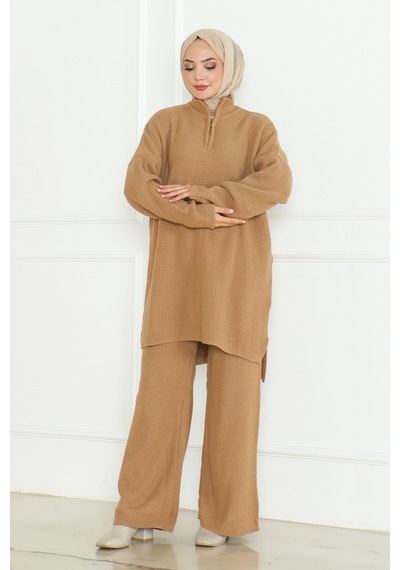 Fermuarlı Tunik Pantolon Triko Takım 1126 - Vizon