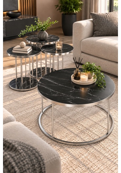 Sulorahome Siyah Mermer Desenli 4'lü Sehpa Seti Gümüş Metal Ayaklı
