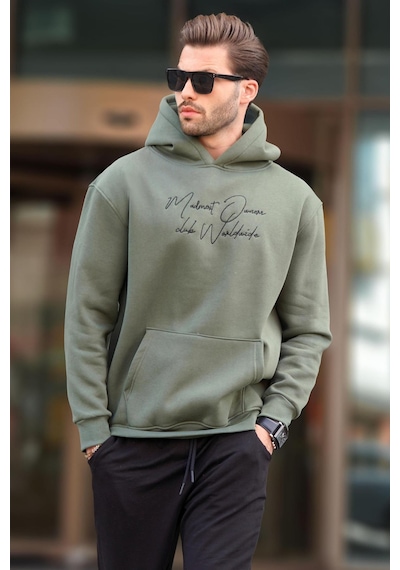 Madmext Haki Kapüşonlu Cep Detaylı Baskılı Erkek Sweatshirt 7064-haki Haki
