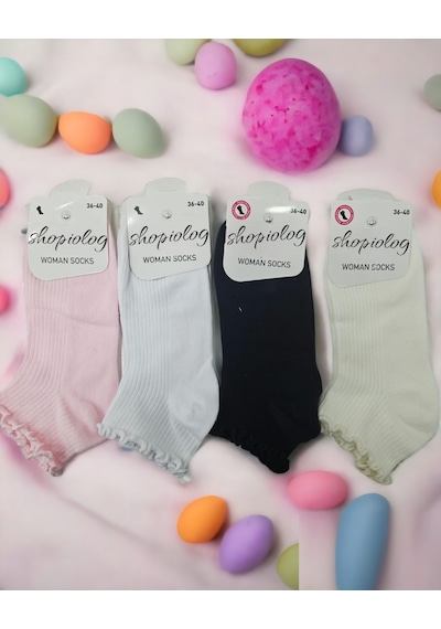 Shopiolog Sevimli Marul Desenli Bilek Çorabı 4'lü Paket Beyaz - Ekru - Siyah - Pembe Çok Renkli
