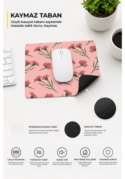 Çiçek Desenli Renkli Ergonomik Mouse Pad Kaymaz Taban Ev Ve Ofis Kullanımı Fare Altlığı Mousepad Pembe