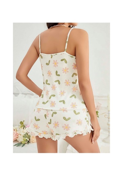Mr Owl Kadın Ekru Çiçek Baskılı Şortlu Pijama Takımı