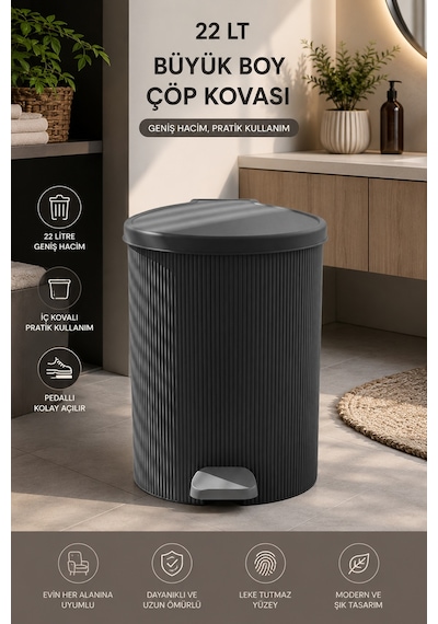Porsima 0707 Still 22 Litre Pedallı İç Kovalı Çöp Kovası Antrasit Yuvarlak Mutfak Ve Banyo Çöp Kovası Yok