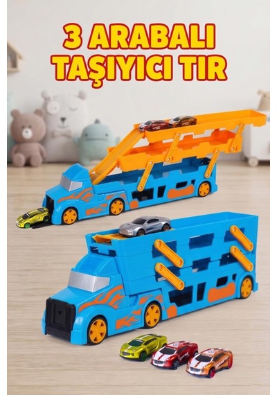 3 Katlı Mega Tır Rampalı Otopark - 46.7cm, 37 Araç Kapasiteli 3 Arabalı Oyuncak Araba Seti Mavi