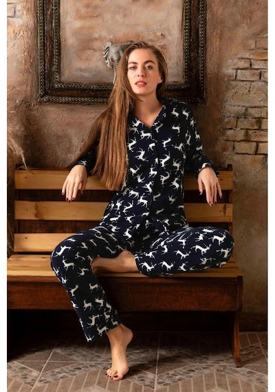 Sude Kadın Gömlek Yaka Polar Pijama Takımı M913 - 1 Adet 001