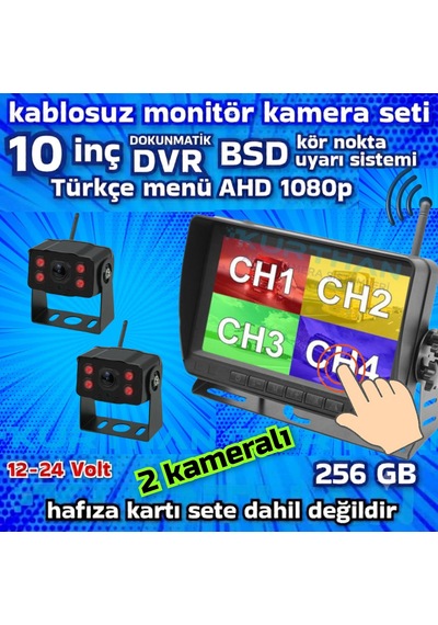 10 İnç Dokunmatik Dvr 2 Adet Kablosuz Kamera Ahd 1080p Monitör Bsd Kör Nokta Sistemli 12 24 V