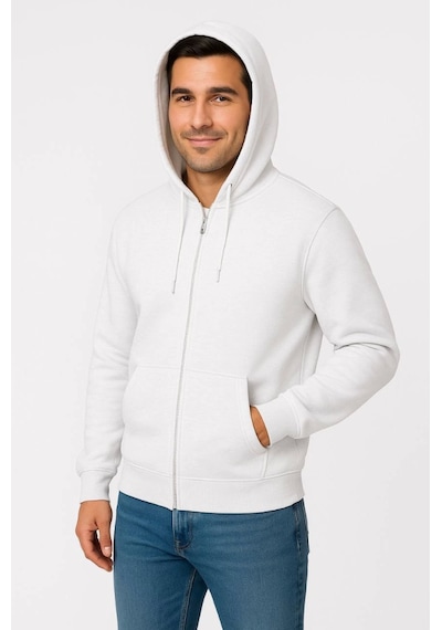 Efnaz Style Erkek Üç İplik Kapüşonlu Tam Fermuarlı Kanguru Çepli Sweatshirt Hoodie - Beyaz