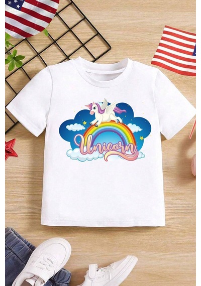 Uyguntarz Çocuk Unicorn Baskılı Pamuklu Tshirt Beyaz