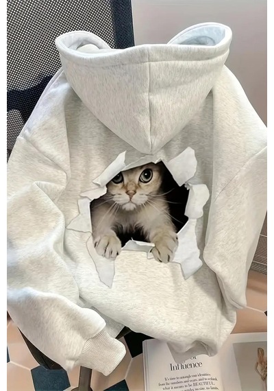 Caty Kedi Sırt Baskılı İçi Pamuklu Unisex Sweatshirt Çok Renkli