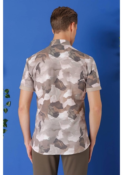 Efor Slim Fit Düğmeli Yaka Kamuflaj Desenli Kısa Kol Pamuk Bej Gömlek G 1500 Bej