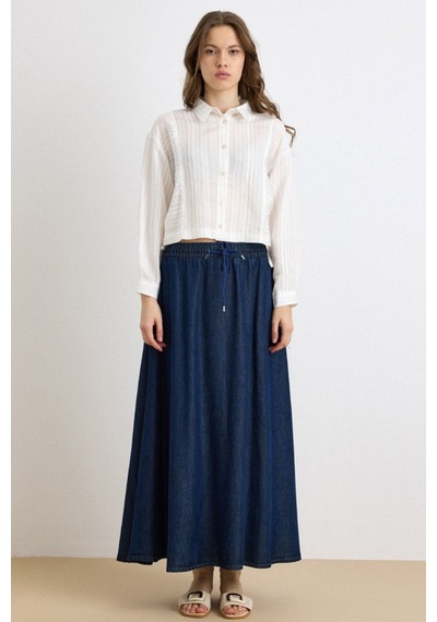 Olcay Beli Lastikli Soft Denim Etek Lacivert 7068