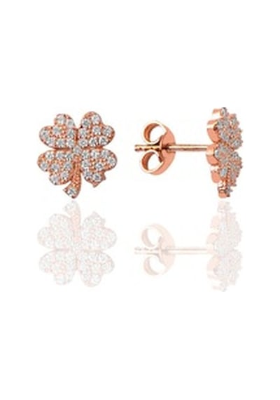 Gümüş Rose Zirkon Taşlı Yonca Kolye Ve Küpe Gümüş Ikili Set