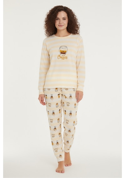 Luxury Thermal Coffee Desenli Kadın Polar Kışlık Pijama Takımı 42009 Sarı
