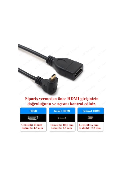 Micro HDMI to HDMI 90 Derece Dik Açılı Tablet Kamera Kablosu 1M