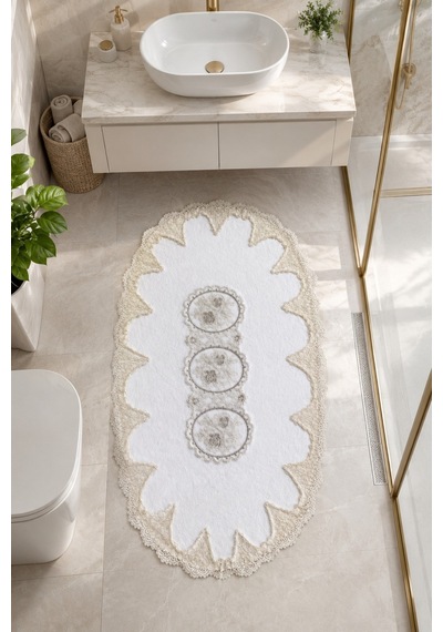 Beyaz İşlemeli Kaymaz Deri Tabanlı Oval Banyo Paspası Güpürlü Yıkanabilir Banyo Takımı Liana