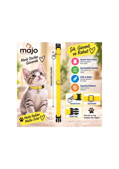 Baron Pet Kedi Boyun Tasması Kalp Charm Detaylı Ayarlanabilir Güvenlik Tokalı - Sarı