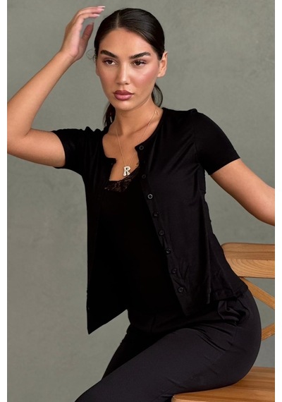 Madmext Siyah Dantel Detaylı Slim Fit Kısa Kol Kadın Hırka Mg2710