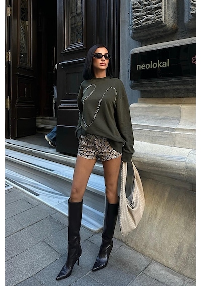 WeShaya Kadın Haki Taşlı Pamuk Oversize Sweatshirt Haki
