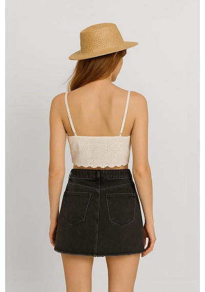 Blue White Yüksek Bel Püsküllü Mini Jean Etek Buz Mavisi