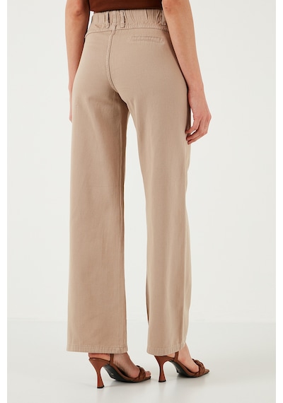 Lela Pamuklu Standart Fit Yüksek Bel Geniş Paça Bayan Pantolon 668Yp5344 Taş