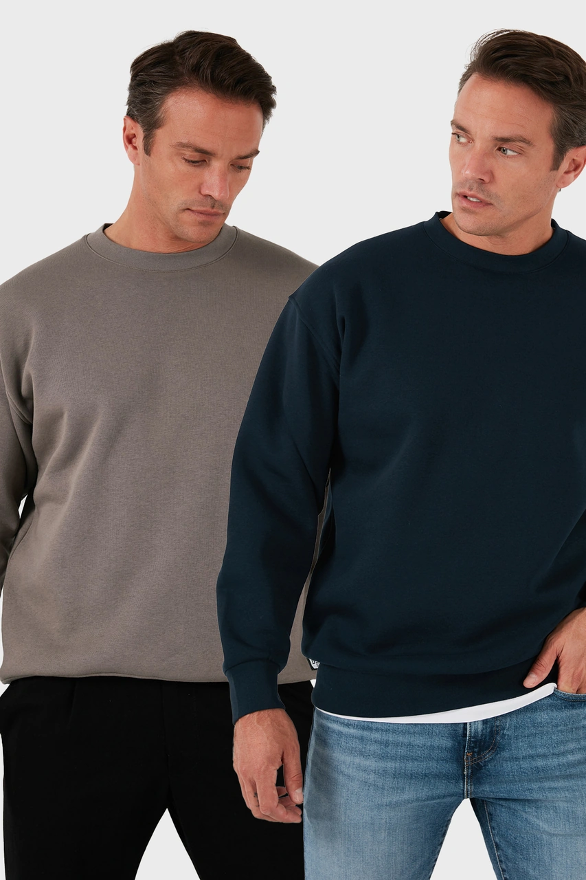 Buratti Regular Fit Bisiklet Yaka Şardonlu 2'Li Paket Erkek Sweat 5905255S2 Koyu Lacivert-Toprak