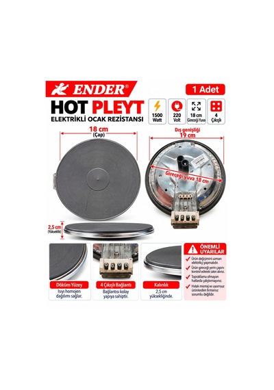 Ender Hot Pleyt 18cm 1500w 220 Volt 4 Çıkışlı Vidalı Playt Ocak Rezistansı