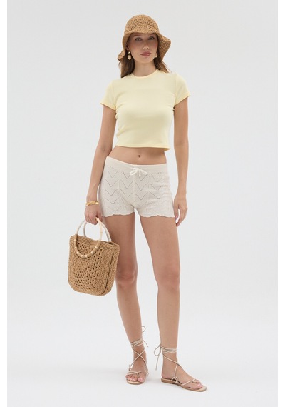 Urbantrendstore Kadın Bisiklet Yaka Likralı Kısa Kol Body Crop Bluz Günlük Şık Sade Yazlık Casual Crop Kadın Crop Sarı