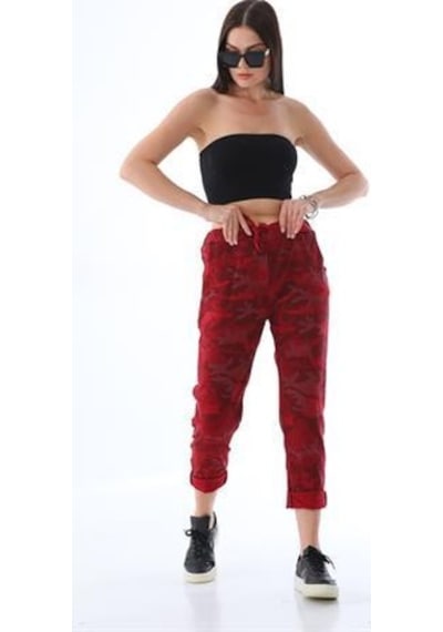 Eren Style Italyan Beli Bağlamalı Kamuflaj Desenli Dar Paça Pantolon-9078 Kırmızı