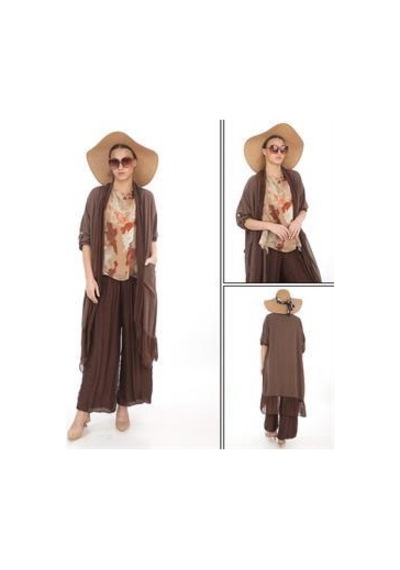 Itayan Ipek Detaylı Oversize Kaftan- Pantolon Takım Açık Kahve Kahverengi