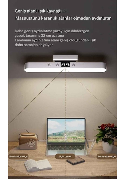 Monozone Şarj Edilebilir Manyetik Led Okuma Lambası Usb Dokunmatik Saat Göstergeli Masa Lambası Mutfak Beyaz Gün Işığı Sarı