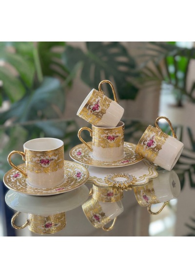 Elta Collection Victoria 24k Altın İşlemeli 6 Kişilik Porselen Kahve Fincan Takımı Altın