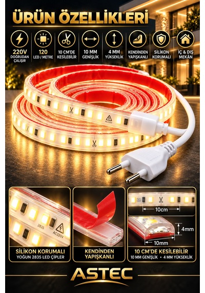 Astec Yapışkanlı 10 Metre Gün Işığı 220v Silikonlu Şerit Led Yüksek Güç Tak Çalıştır İç Dış Mekân Su Geçirmez Günişiği