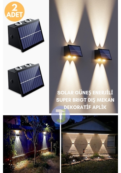 Technojet Solar Güneş Enerjili 4 Ledli Bahçe Aydınlatması Aplik Sarı Işık Led Lamba 2 Adet Siyah