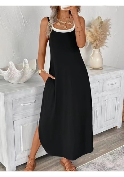 Defymoda Kadın Ip Askılı Yuvarlak Yakalı Cepli Uzun Viskon Elbise Siyah