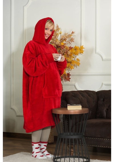Elart Enjoy Tv Battaniyesi Wellsoft Kapüşonlu Giyilebilir Unisex Over Size 80x110 Cm Kırmızı Kırmızı