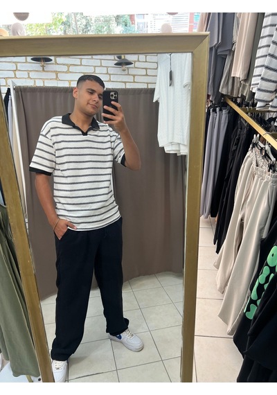 Tuba Toptaş Çizgili Yakalı Triko Tshirt Beyaz