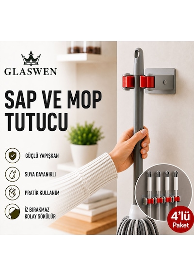 4 Adet Paspas Süpürge Fırça Ve Mop Askısı Sap Tutucu Mutfak Banyo Askı Yapışkanlı Düzenleyici Askılık Gri