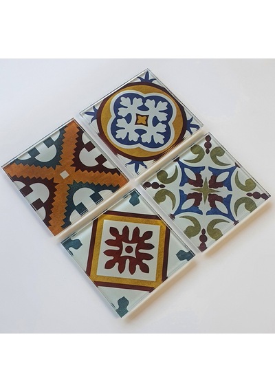 Decorita Cam Bardak Altlığı | Çini Desen |4'lü Takım| 10cm x 10cm Çok Renkli