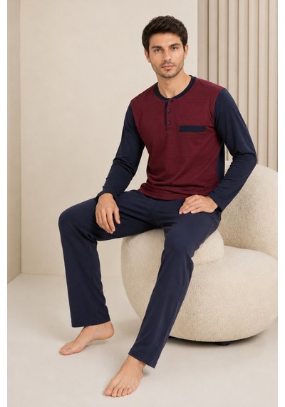Loule Erkek Bordo Jakarlı Pamuk Penye Pijama Takımı Uzun Kollu
