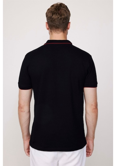 Tudors Erkek Slim Fit Dar Kesim %100 Pamuk Düz Pike Fermuarlı Siyah Polo Yaka Tişört-27685 Siyah