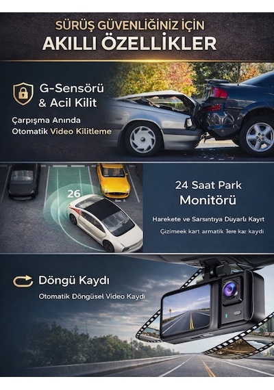 Snr-38 Wi-fi 3 Kameralı Araç İçi Güvenlik Kamerası Ir Gece Görüşü G-sensör Ön-arka-iç Kayıt Dashcam